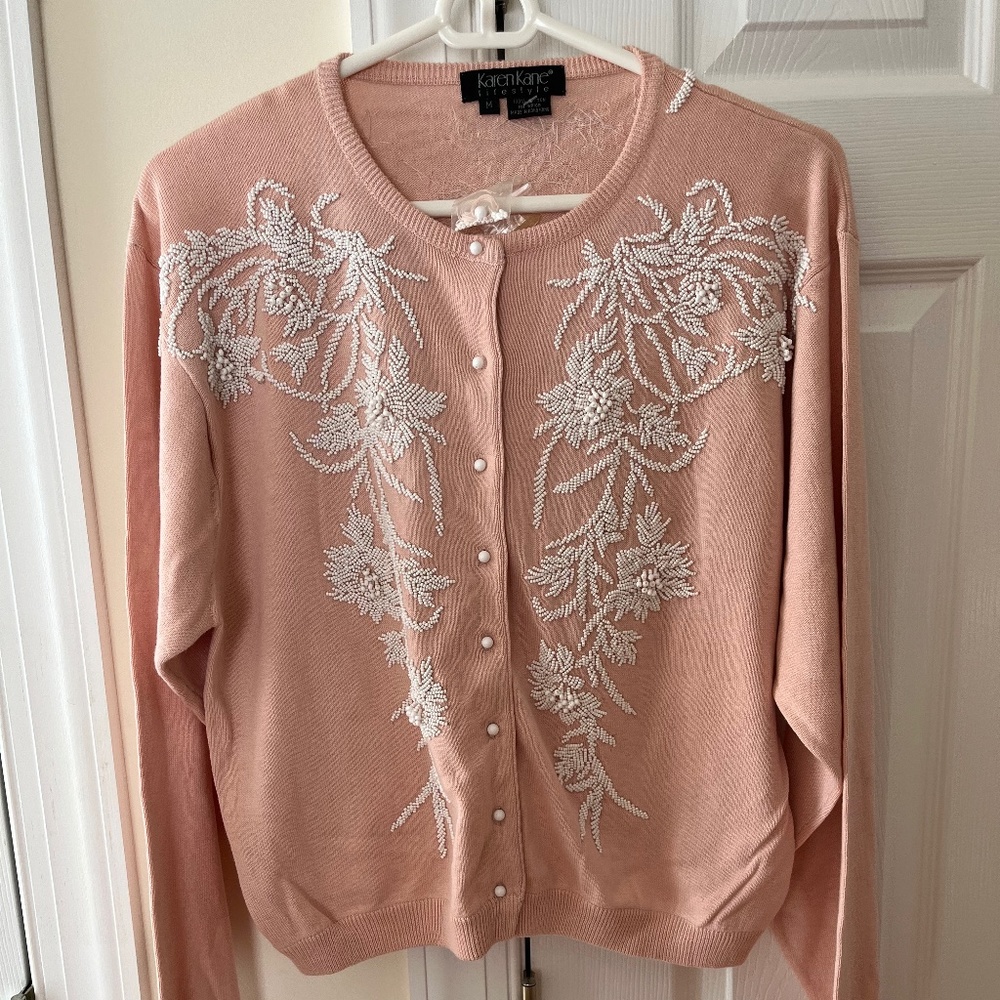 Karen Kane Pink Beaded Cardigan Sweater, Size Medium